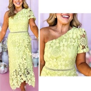 JUST ME Lime Crochet Lace One Shoulder Short Sleeve Midi Dress Just Me Sz. Large